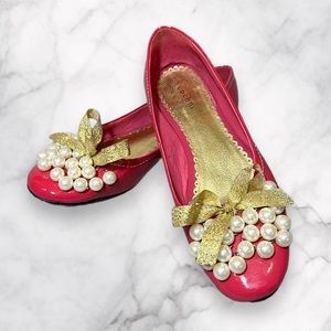 Cochni Patent Leather Ribbon Bow & Pearl Ballet Flats
